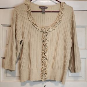 Kenar Ruffled Scoop Neck Dressy Cardigan in Beige With Cloth Buttons